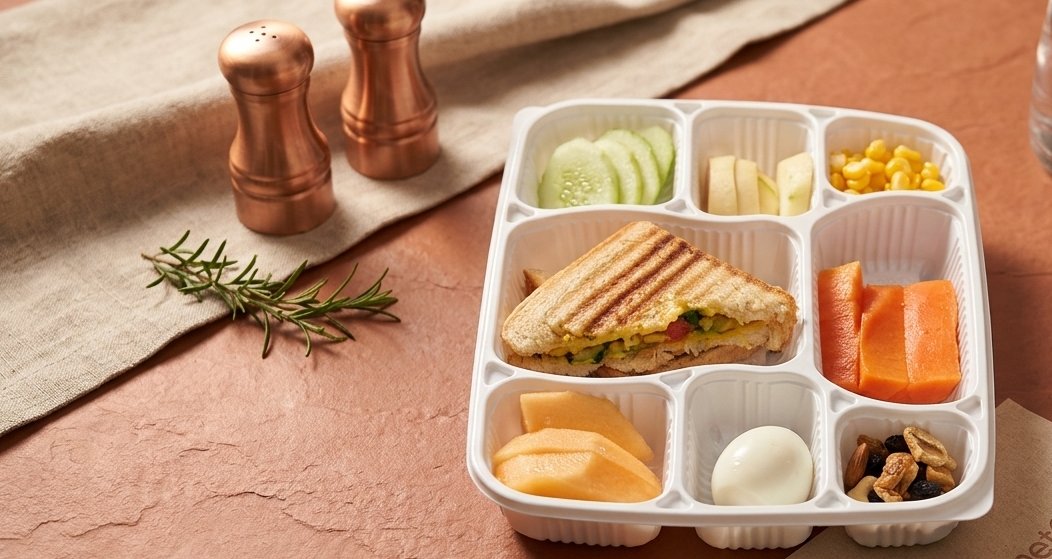 Rocky's fresh food tray — fruit, sandwich and healthy bites